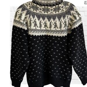 Eddie Bauer Fair Isle Women’s Mock Neck Sweater Pine Tree Snow Flake Small Black